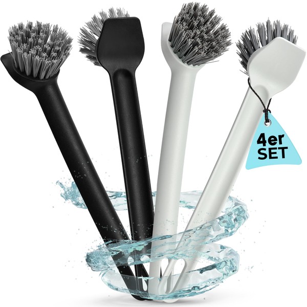 Nictario Recycled Washing Up Brush [Set of 4] with Nylon Bristles and Scraper - Dishwasher Safe Washing Up Brush in Premium Quality - Hygienic Kitchen Brush (2 x Light Grey / 2 x Anthracite, Round)