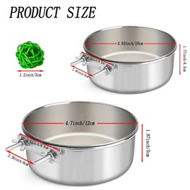 2 Pcs Stainless Steel Bird Food Water Bowls, Parrot Feeding Dish Cups with Clamp Holder Bird Ball Toys for Chinchilla, Cockatiel, Conure, Budgies, Parakeet, Lovebird, Small Animals (Small+Medium)