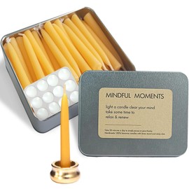 Meditation Beeswax Taper Candles Set, 20 Minute Pure Beeswax Mini Prayer Candles, 30 pcs Small Wishing Candle with Brass Candle Holders for Home Yoga