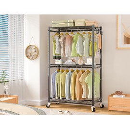 Rolling Clothes Rack for Hanging Clothes, Metal Clothing Garment Rack with Double Rods & 3 Wire Shelves, Portable Wardrobe Closet with Wheels