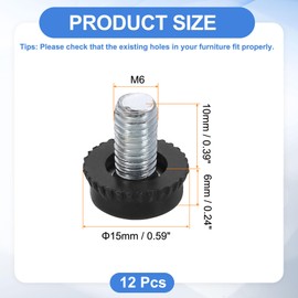 sourcing map 12Pcs M6 Thread Furniture Feet Levelers, 15x10mm Adjustable Leveling Table Feet, Screw on Furniture Glide Leveling for Chair Stool Legs, Black
