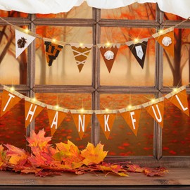 HunnmingRe Thanksgiving Garland Thankful Banner LED String Lights, 3D Felt Fall Decor for Indoor Outdoor Home Party, Front Door, Window, Wall Decorations(Pumpkin Pie)