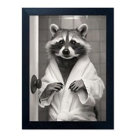 Black And White Bathroom Decor Wall Art Funny Raccoon Wall Decor Animal Picture Canvas Art Framed Farmhouse Raccoon Bathrobe Painting Restroom Decoration