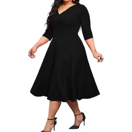 CLOCOR Women's Plus Size Midi Dress 3/4 Sleeve A-Line Swing Dress V Neck Flowy Casual Dresses Black 4X-Large
