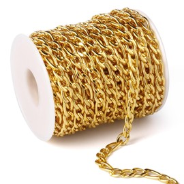 33 Feet 18K Gold Plated Stainless Steel Figaro Chain Roll 6mm 304 Stainless Steel Link Chains Spool Bulk for Jewelry Making