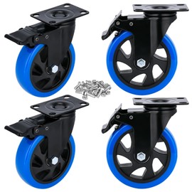 YOOGAA 5” Casters Wheels Casters Set of 4 Heavy Duty Blue Polyurethane Castors Top Plate Swivel Wheels 4-Pack Industrial Casters with Brake Casters for Furniture Workbench