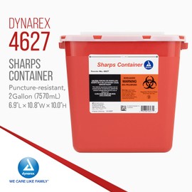 Dynarex Sharps Container, Provides a Safe Disposal of Medical Waste and Needles, Non-Sterile & Latex-Free, Made with Thermoplastic, Red, 1 Case (2 Gallon, 24)