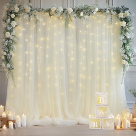 10x10ft Ivory Tulle Backdrop Curtain with Lights String for Parites, Sheer Backdrop Curtains for Wedding Baby Shower Birthday Party Photo Shoot Decorations