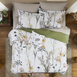 CASAAGUSTO Full Comforter Set 7 PCS White & Green Dandelion Plant Comforter Set with Flowers Leaves Pattern Soft Seersucker Design All Season Microfiber Bedding Set(Full 80"X90")
