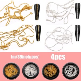 Nail Parts, Chains, Set of 4, Gold, Silver, Nail Chains, Extra Fine, Nail Ball Chains, Cutable, Gel Nail Chains, Nail Art Parts, Crafts, Decoration Parts, Accessories (Gold + Silver A)