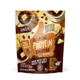 FlavCity Grass Fed Whey Protein Powder - Butter Coffee - 25g Protein, 10g Collagen & 87mg Caffeine - Made with Organic Reishi & Cordyceps - Gluten Free & No Added Sugars (20 Servings)