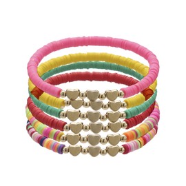 COLORFUL BLING 6Pcs/Pack Gold Beaded Bracelet Rainbow Vinyl Disc Ball Srting Stretch Heart Shaped Bracelets Cuff Bangle Set for Women Girls Jewelry, beads, bead