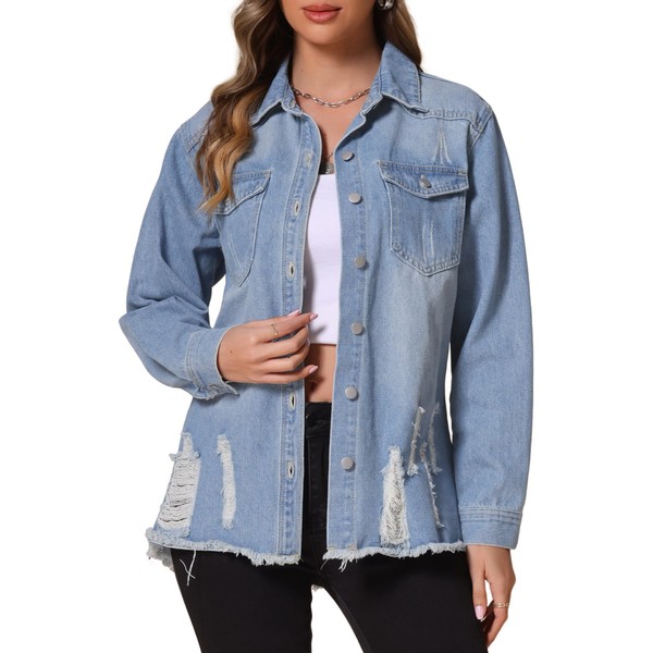 Allegra K Women's Denim Jackets Oversized Frayed Hem Pockets Long