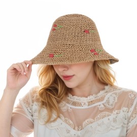 Acado Straw Sun Hats for Women - Packable Foldable Straw Beach Hat Ladies Summer Crochet Bucket Hat UV Protection Khaki