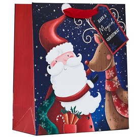 Design By Violet Have a Magical Christmas Santa & Rudolph Gift Bag with Red Handle and Gift Tag Xmas Gift Wrap Medium