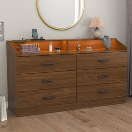 Gyfimoie 6 Drawer Dresser for Bedroom with Charging Station, Dresser with LED Light, Chest of Drawers for Closet, Modern Dressers with Open Storage Cubby, Double Wide Dressers (Walnut, 6 Drawers)