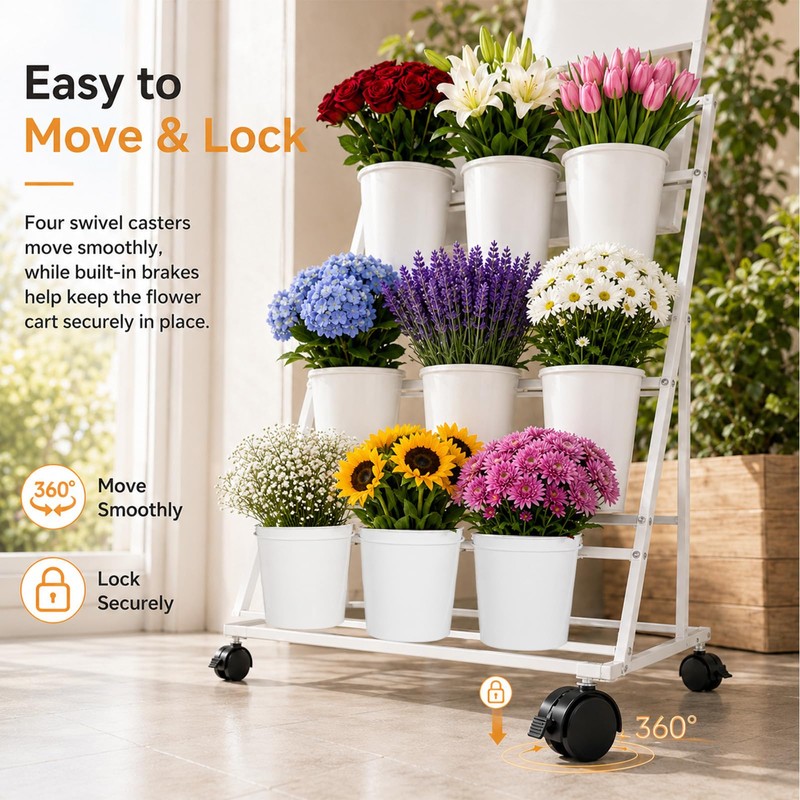 3-Tier Metal Flower Cart Display Stand with 9 Buckets, Flower