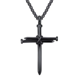 Cupimatch Men's Stainless Steel Nail Cross Charm Pendant Necklace with 22 inch Chain,Black