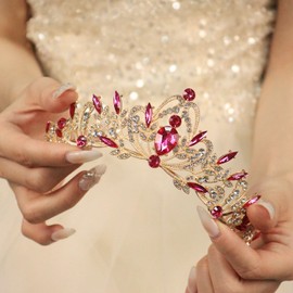 Rannyrena Silver Crystal Tiaras and Crowns for Women Sparkling Rhinestone Queen Crowns Princess Birthday Wedding Bridal Hair Accessories (KC Gold-dark pink, Standard)