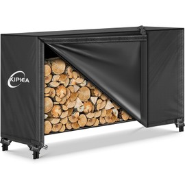 Kipiea 6FT Waterproof Firewood Storage Log Rack Cover, Heavy Duty 600D Outdoor Wood Storage Rack Cover with Buckles and Full-Length Hook & Loop Fastener, Tear-Resistant