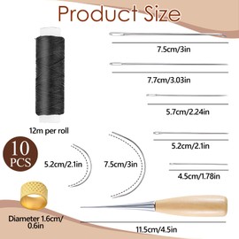 MSKS Leather Sewing Needle 10PCS 12m Waxed Thread (Black) Kit Cord Drilling Awl Thimble Curved Needle for Upholstery Carpet Furs Canvas Repair DIY Leather Hand Stitching Embroidery Bookbinding