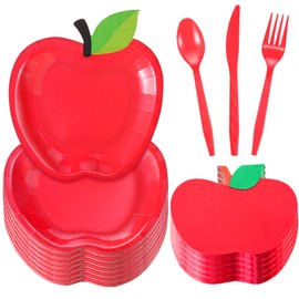 Yungyan 120 Pcs Back to School Party Tableware Set Apple Paper Plates and Apple Napkins First Day of School Disposable Cutlery Set for 24 Guests Preschool Kindergarten Party Supplies Decorations