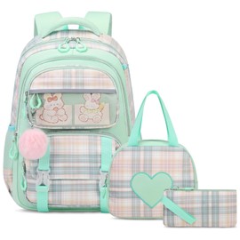 Bevalsa School Backpack for Girls, Backpack with Lunch Box Kids Girls, Cute Bookbag for Girls Kids Teens Elementary Middle High School College Student Casual Travel Daypack Children Schoolbag (Green)