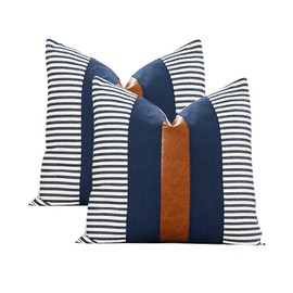 Vfuty Set of 2 Boho Decorative Throw Pillow Covers 18x18 Inch Farmhouse Stripe Pillow Case,Faux Leather Modern Cushion Cover for Living Room Couch Bed Natural Decor Navy Blue and Brown