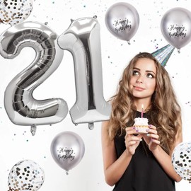 VUCDXOP Number 21 balloons Silver，21 Balloons Birthday Boy Girl,40Inch Foil Number 1 & 2 Balloons with 6 Silver Metal and Confetti Helium Balloons for 21th 12th Year Old Birthday Decorations