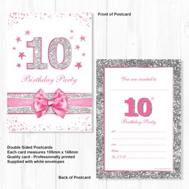 Olivia Samuel 20 x 10th Birthday Party Invitations from Pink Sparkly Design and Photo Effect Silver Glitter - A6 Postcard Size with envelopes