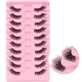 Ahrikiss Pestañas Postizas De Media Longitud, Aspecto Natural, 10 Pares, Pestañas De Ojo De Gato Finas, 10 Mm, Pestañas Postizas 3D Esponjosas Con Banda Transparente, Pestañas Cortas De Media Longitud