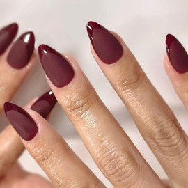 KQueenest Dark Wine Red French Tip Press on Nails Short Almond with Glossy French Tips in a Matte Finish, Burgundy Fake Nails with Glue, Fall Gel Glue on Nails Short Stiletto, 16 Sizes - 32 Nail Kit