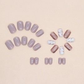Square Press on Nails Short False Nails with Glitter & Marble Designs Purple Fake Nails Glossy Glue on Nails Summer Acrylic Nails Daily Wear Natural Stick on Nails for Women 24Pcs
