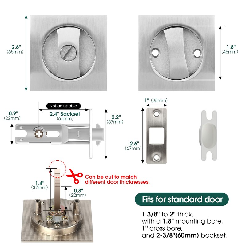 Aglehome Square Pocket Door Lock, Satin Nickel Contemporary Privacy Pocket