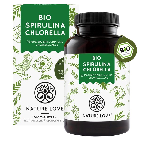 Nature Love®® Organic spirulina and organic chlorella with 500 mg per pellet. 500 tablets. Laboratory tested and no additives. High dose, laboratory tested and 100% vegan.