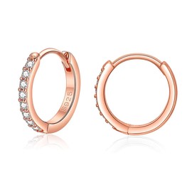 Deyanse Silver Hoops Earrings for Women, 925 Sterling Silver Rose Gold Hoop Earrings with Cubic Zirconia, Sterling Silver Small Sleeper Huggie Hinged Hoop Earrings, 14mm Silver Unisex Hoop Earrings