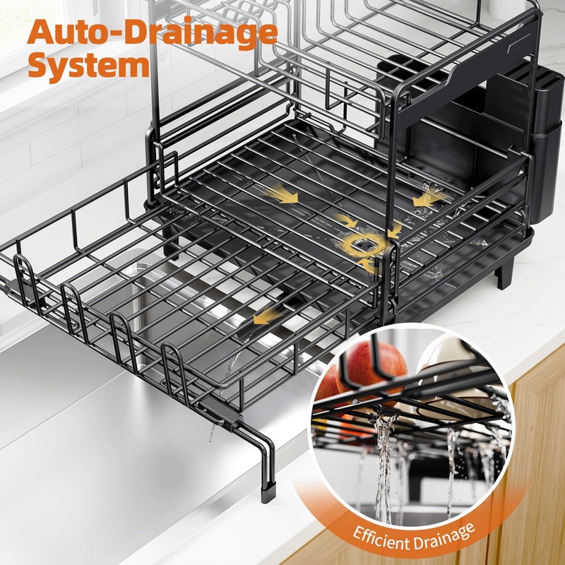 Urackify Dish Drying Rack - Extendable Dish Drainer, Large Dish