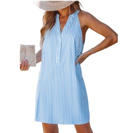 CUPSHE Women's Striped Summer Mini Dress A Line Button V Neck Sleeveless Casual Dresses Blue S