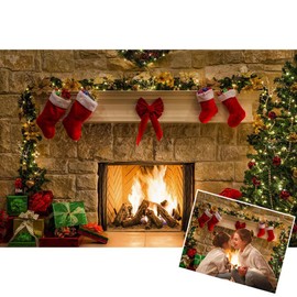Avezano 8x6ft Christmas Fireplace Backdrop Xmas Socks Tree Gift Decorations Party Supplies Christmas Eve Fireplace Photography Background