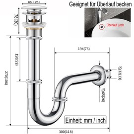 Sink Siphon Drain Fitting Pop-Up Drain Valve Drain Overflow Siphon Universal for Washbasin and Washbasin - Drain Fitting Perfect Fit (Drain Fitting with Silver Overflow)