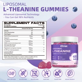 Elysx Liposomal L Theanine Gummies, Chewable L-Theanine 400mg with GABA Supplement for Kids & Adults, Stress Relief, zzZ and Relaxation, Focus Support, Natural Blueberry Flavor, 60 Count