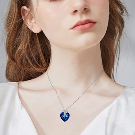 SVODEA Initial Letter Pendant Necklace for Women,925 Sterling Silver Created Blue Heart Crystal Initial A-Z Alphabet Necklaces, Sterling Silver, crystal
