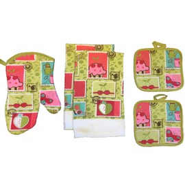 Summer Collection Watering Can, Butterfly, Ice Cream Design 100% Cotton Printed Kitchen Linen Set of 5 Includes 2 Kitchen Towels, 2 Potholder & Oven mitt Kitchen Décor for Cooking, Baking, Barbecue