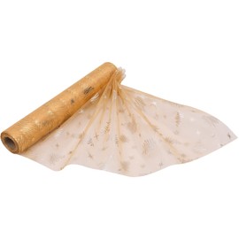 25m x 29cm Organza Roll Snow Sheer Glitter Fabric with Christmas Tree & Snowflakes Design for Christmas Wreath, Table Runner, Chair Sashes, DIY Gift Wrapping, New Year Party Decoration, Gold