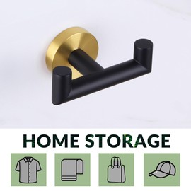 APLusee Double Bath Towel Holder Black & Gold, Stainless Steel Round Dual Coat Robe Hook, Hand Towel Organizer, Utility Home Storage Hanger for Bathroom Toilet Kitchen, Luxury Style