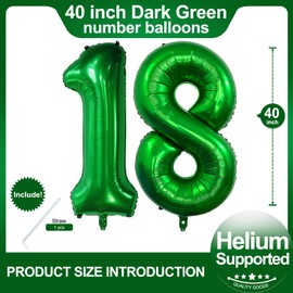 Number 18 Dark Green Balloons 40 Inch Giant Green 18 Numer Foil Helium Balloons for 18th Green Birthday Party Supplies 18th Anniversary Events Decorations