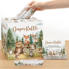 Woodland Baby Shower Decorations Diaper Raffle Box with 50 Tickets Cards for Boy Baby Shower Decorations, Forest Creatures Theme Baby Shower Ideas