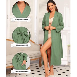 Lovasy Waffle Dressing Gowns for Women UK Cotton Lightweight Spa & Bath Robes for Women Ladies Kimono Dressing Gowns Women's Full-Length Robes with Pockets for Hotel Nursing Pregnancy,Green,XL