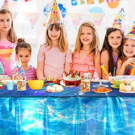 OQOQ Ocean Wave Iridescent Tablecloth(4 Packs) - 108x54 Inches Reflective Blue Plastic Tablecloth Disposable Table Cover Supplies for Boys Birthday Beach Theme Pool Party Summer Party Decorations