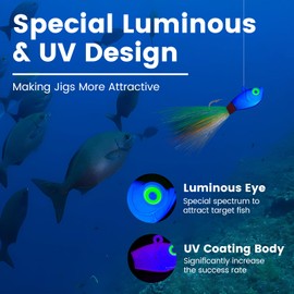 UV Glowing Strong Hook Bucktail Jigs Saltwater Hair Jigs-Head Fishing Lures Assorted Kit for Striped Bass Walleye Snook Rockfish Redfish 1/4oz 1/2 oz 1oz (1/2oz（14g） 5pack, Mix Colors)